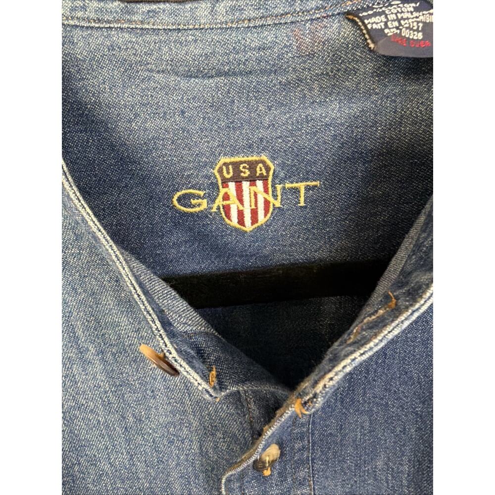 Vintage GANT New England Denim Shirt Mens L USA Logo Band Collar 100% Cotton - Picture 3 of 6